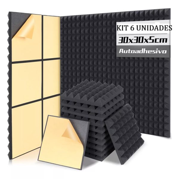 KIT 6 UNIDADES ESPONJA ACUSTICA DISEÑO PIRÁMIDE AUTOADHESIVA 30X30X5CM