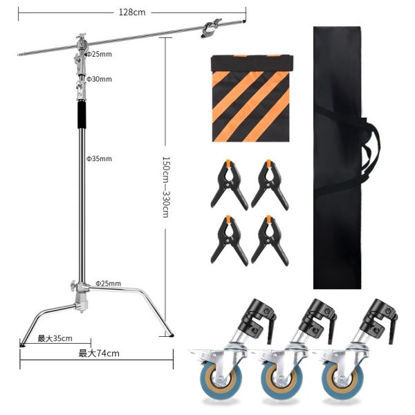 C-STAND TRÍPODE ATRIL 3,3M PLATEADO + KIT RUEDAS DE LUZ ALTA RESISTENCIA PARA FOTOGRAFÍA