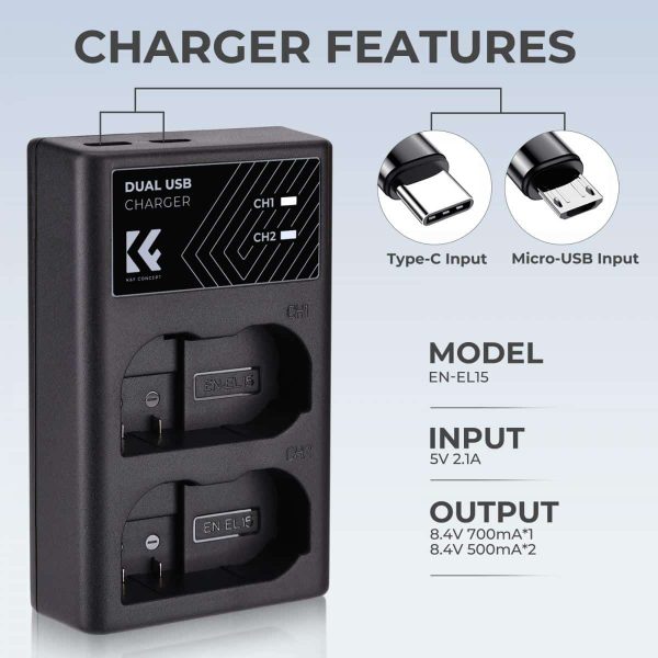 CARGADOR DUAL KF CONCEPT MH-25 NIKON PARA BATERÍA EN-EL15 - Imagen 2