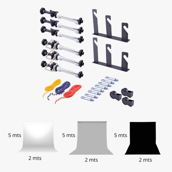 KIT SOPORTE FONDO PARED + 3 FONDOS PAPEL 2X5M NEGRO(44) BLANCO(93) & GRIS(04) (01938)