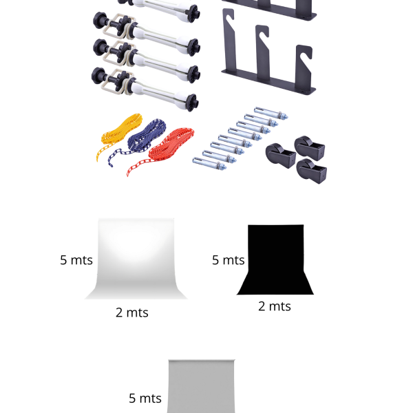 KIT SOPORTE FONDO PARED + 3 FONDOS PAPEL 2X5M NEGRO(44) BLANCO(93) & GRIS(04)