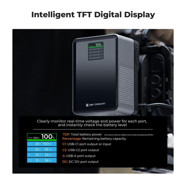 BATERÍA K&F CONCEPT V-MOUNT DE 99 WH CARGA RÁPIDA USB-C PD100W Y PUERTOS DE MÚLTIPLES SALIDAS - Imagen 6